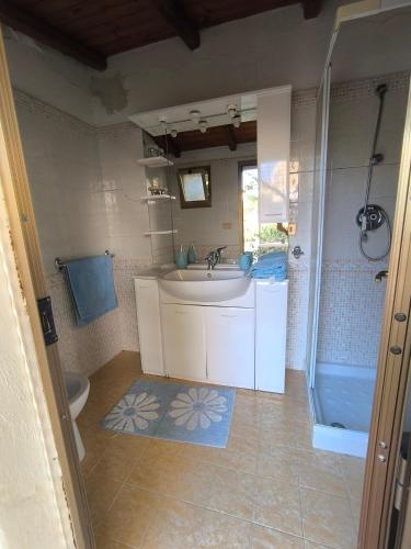 a bathroom with a sink and a shower and a toilet at Villa Sunrise in Casteldaccia