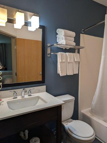 a bathroom with a sink and a toilet and a mirror at Jonestown Inn in Jonestown
