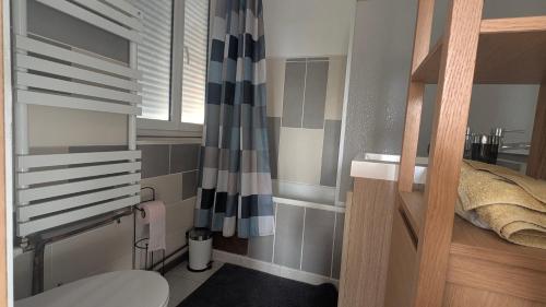 a bathroom with a toilet and a shower curtain at Chambre studio in Sublaines