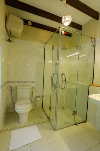 a bathroom with a shower and a toilet and a sink at Graystone Bungalow by Seven Angels in Haputale