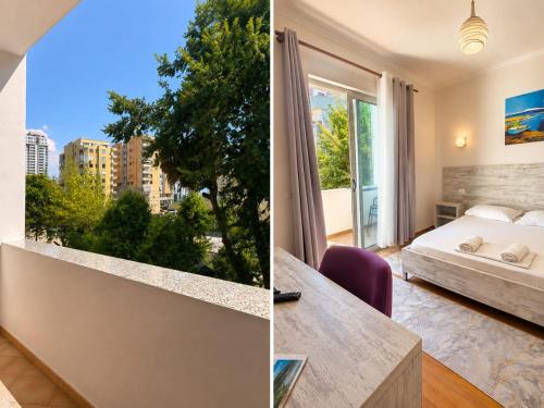 a bedroom and a living room with a bed and a window at Top view hostel in Durrës