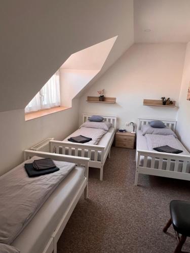 a room with two beds in a attic at Apart Samont in Velký Ořechov