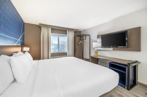 a hotel room with a large bed and a flat screen tv at Comfort Suites Albuquerque-North Journal Center in Albuquerque