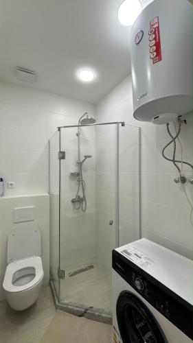 a bathroom with a shower with a toilet and a sink at next green in Makhinjauri