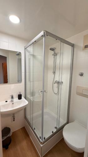 a bathroom with a shower and a toilet and a sink at City Event Hotel in Dinslaken