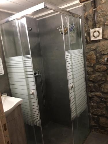 a shower with a glass door in a bathroom at Ξενώνας Το Πάλαι Ποτέ in Polydrossos