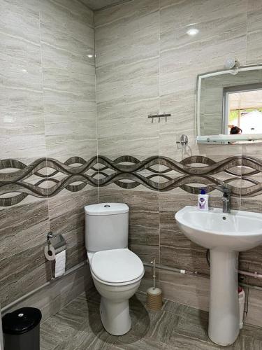 a bathroom with a toilet and a sink at Lentexi Inn in Lentekhi
