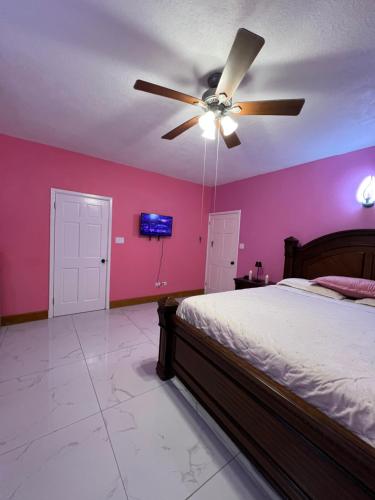 a bedroom with a ceiling fan and pink walls at Private Executive Master Suite - Parham, Antigua in Vernons