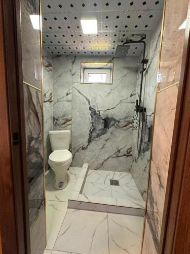 a bathroom with a toilet and a marble wall at Датка in Arslanbob