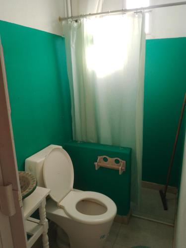 a bathroom with a toilet and a green wall at casa en toninas in Las Toninas