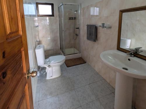 a bathroom with a toilet and a sink and a shower at Ponta Gato Residence in Tarrafal