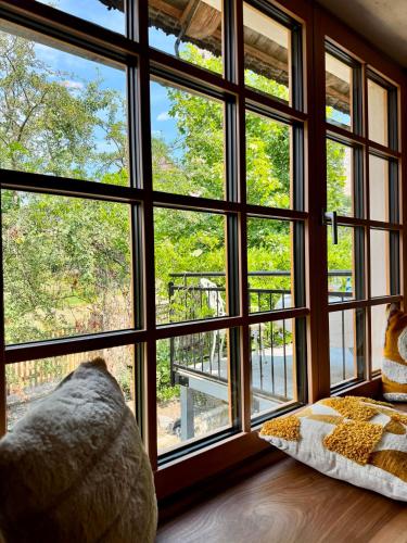 a room with a large window looking out at a park at Casa Di Pietra in Maria Saal