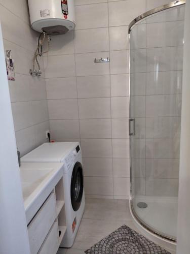 a bathroom with a shower and a washing machine at Уютная Дача in Zatoka