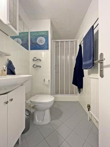 a white bathroom with a toilet and a sink at Ferienwohnung Ronja im Hause Bergland Altreichenau in Neureichenau