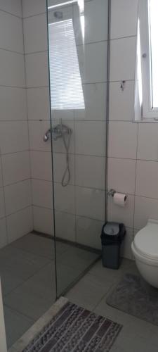 a bathroom with a glass shower with a toilet at ORAN App in Dherinia