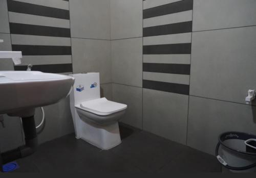a bathroom with a white toilet and a sink at Mount Ocio Pool Resort Wayanad, Chulliyode in Ambalavayal
