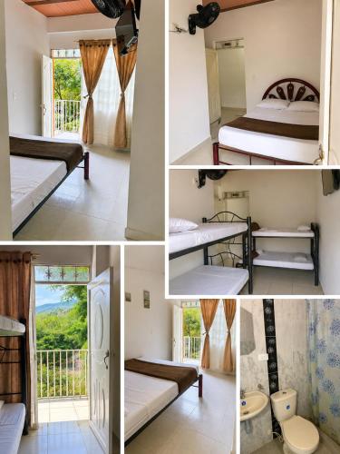 a collage of photos of a room with beds and a balcony at Finca Campestre el Paraíso Resort Hotel en Mesitas in El Colegio