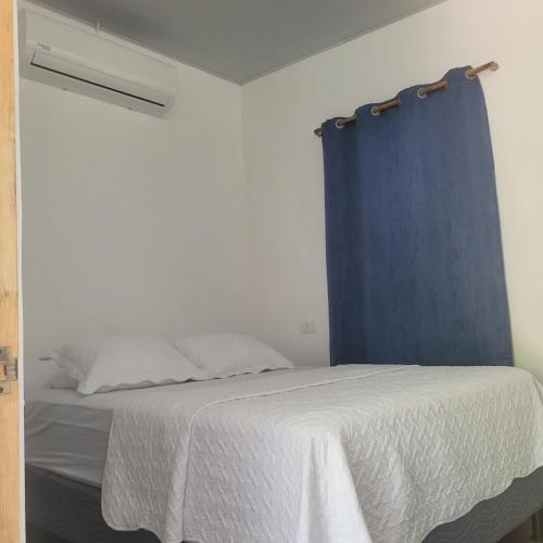 a bedroom with a bed with a blue curtain at Torogoz Apartment km61 5 in Jicalapa