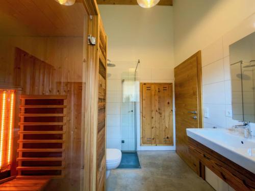 a bathroom with a sink and a toilet and a shower at Warös 59 in Lake Pressegg