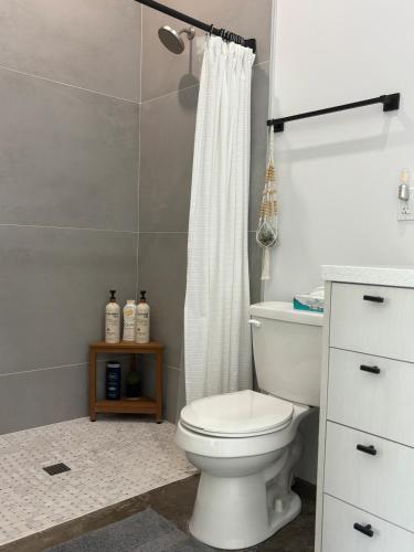 a bathroom with a toilet and a shower curtain at Lazy G Ranch Casita 