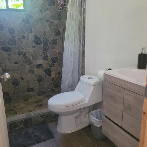 a bathroom with a toilet and a shower and a sink at Torogoz Apartment km61 5 in Jicalapa