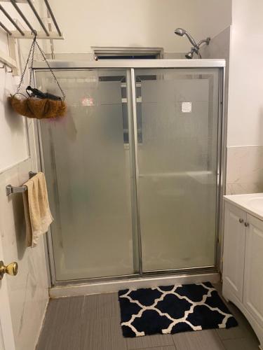 a glass shower in a bathroom with a rug at Classical American House 4 in Brooklyn