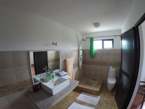 a bathroom with a sink and a toilet at Chamarel Mirador Studio in Chamarel
