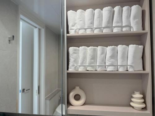 a bathroom with rolls of towels on a shelf at Stay in WAVE in Ch'ŏngsap'o
