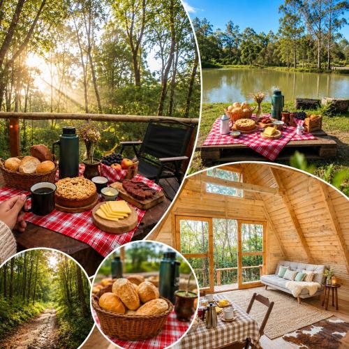 a collage of pictures of a picnic table with food at Cabana Cipó in Passo Fundo