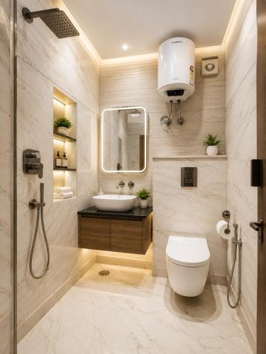 a bathroom with a toilet and a sink at Hotel Satwah Luxe Stay - 1 Minute From Nizamuddin Railway Station And India Gate in New Delhi