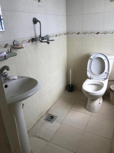 a bathroom with a toilet and a sink at Konjyosom Homestay-Experience Real Nepali Hospitality in Kathmandu
