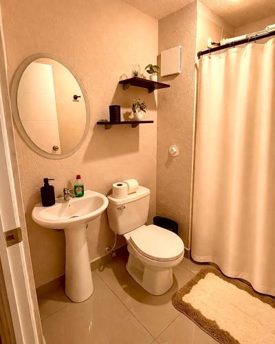 a bathroom with a toilet and a sink and a shower at Villa Yasmín - Apartamento Top in Villa Canales