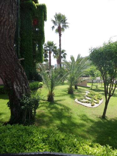 a garden with palm trees and flowers in a park at Seagull Hotel in Beldibi