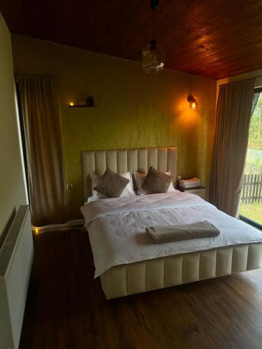 a bedroom with a large bed with white sheets and pillows at WiNGS Retreat in Lupşa