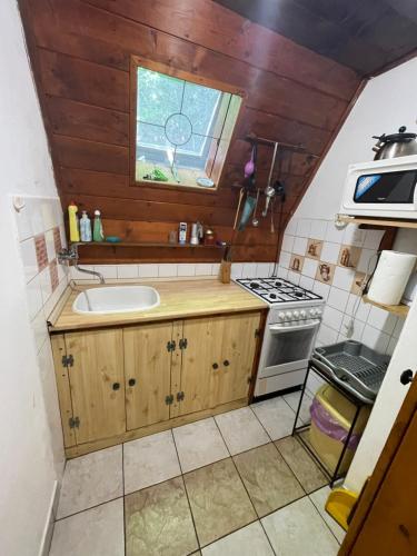 a small kitchen with a sink and a stove at Chata Buková in Brezina