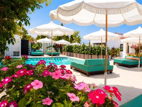 a pool with chairs and umbrellas and pink flowers at BV House - Membersclub - Adult only in Estepona