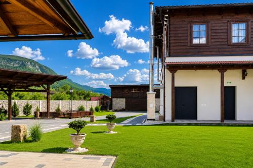 a house with a yard with green grass at Vidra Dacica in Vidra