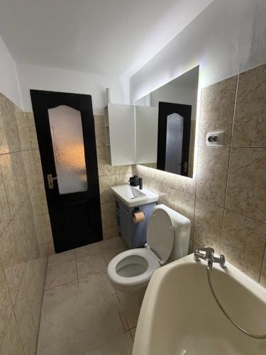 a bathroom with a toilet and a sink and a tub at Apartament EMMA in Bistriţa