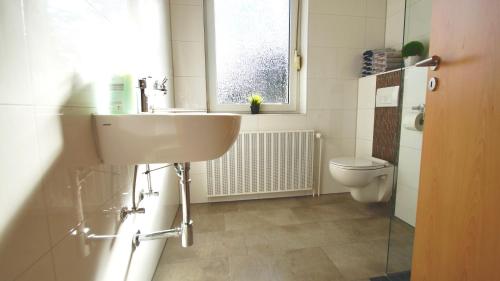ein Bad mit einem Waschbecken und einem WC in der Unterkunft GL1 in Bergisch Gladbach