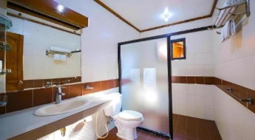 a bathroom with a toilet and a sink and a mirror at Steps Garden Resort in Sabang