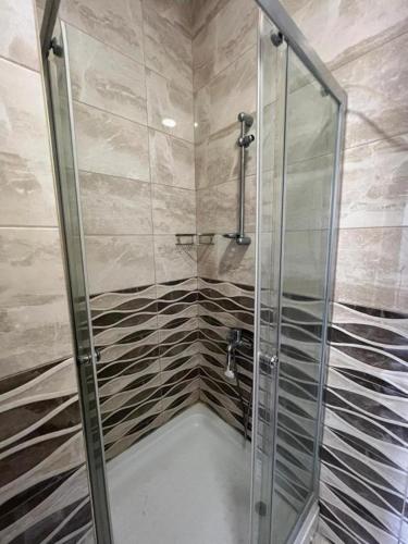 a shower with a glass door in a bathroom at Nagas Premium Hotel in Yenişehir