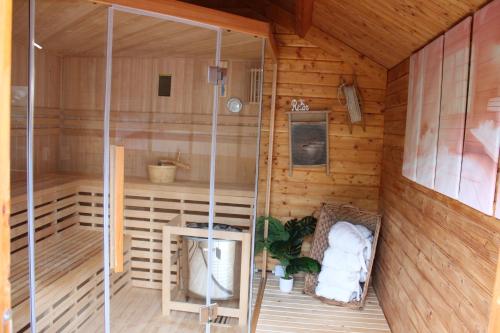 a sauna with a shower in a wooden cabin at Ferienhaus Elsa mit Sauna und Whirlpool in Großschönau