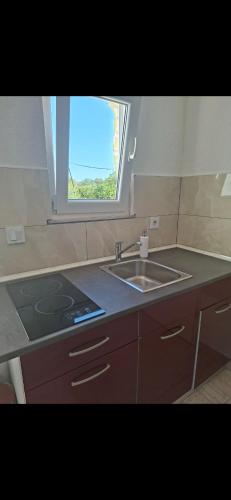 a kitchen with a sink and a window at Apartmani Urlic in Sreser