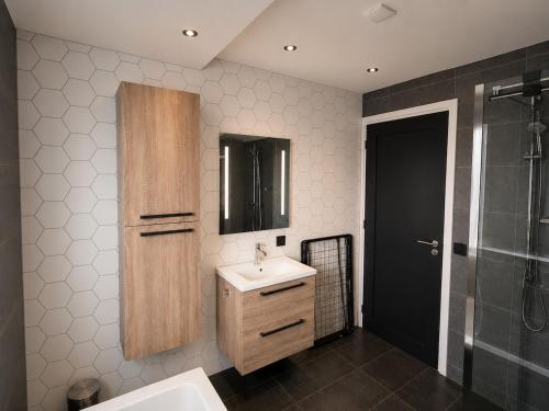 a bathroom with a sink and a shower at Cozy apartment in authentic farmhouse in Gouda