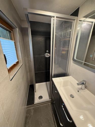 a bathroom with a shower and a sink at Ferienwohnung Sonnheim Alpbachtal Card inklusive in Alpbach