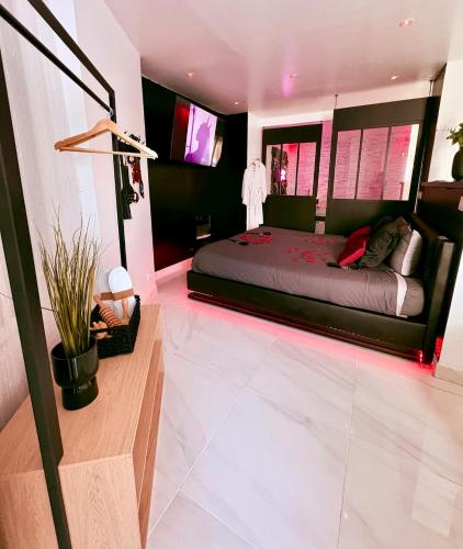 a bedroom with a large bed and a television at Dalikyda La Tentation Jacuzzi Cinéma élégant in Le Havre