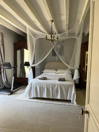 a bedroom with a white bed with a canopy at Le Domaine in Lignac