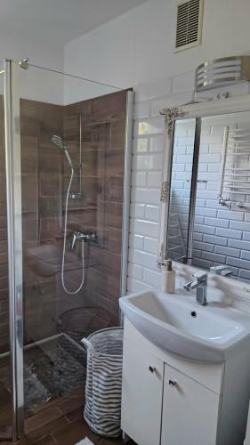 a bathroom with a sink and a shower with a shower at Willa Myśliwska Giżycko in Giżycko