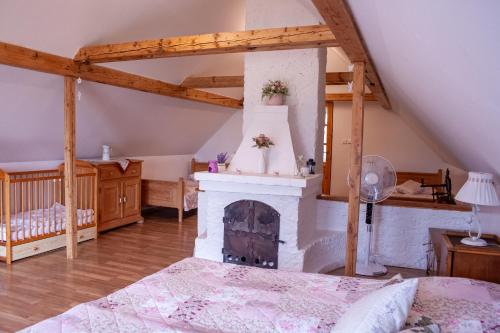 a bedroom with a fireplace and a bed at Chalupa Na Žofíně in Horní Podluží
