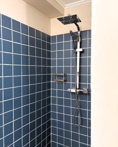 a blue tiled shower with a shower head in a bathroom at A Casa Rosa in Omessa